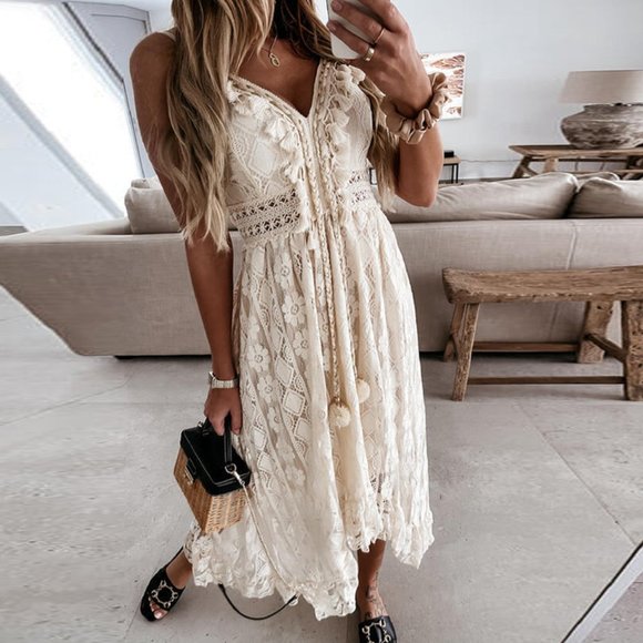 Boho White Lace Embroidered Tassel V-Neck Strapless Flowy Maxi Dress Sundress - Picture 4 of 10